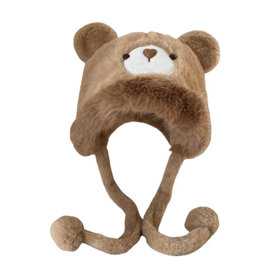NMMUED Women's Kawaii Bear Ear Hat Plush Winter Earflap Beanie Cute Animal Hat with Pom Poms Khaki One Size