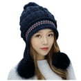 thumbnail image 1 of NMMUED Women's Knit Earflap Beanie Winter Warm Pom Hat Chunky Cable Knit Trapper Cap Navy One Size, 1 of 2