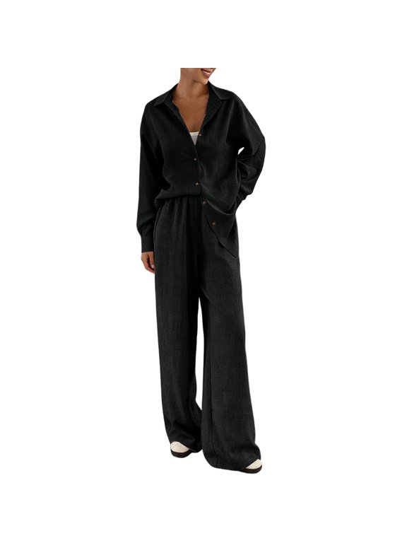 Women's Linen 2 Piece Outfits Linen Long Sleeve Button Down Shirt Pleated Wide Leg Pants Wide Leg Pants Suits Casual Boho Beach Cute Outfits Summer Lounge Set Black L