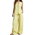 thumbnail image 1 of NMMUED Women's Linen 2 Piece Outfits Summer Vest Suit Sets Wide Leg Pants Business Casual Vacation Work Sets Light Yellow L, 1 of 7