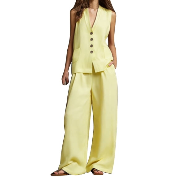 NMMUED Women's Linen 2 Piece Outfits Summer Vest Suit Sets Wide Leg Pants Business Casual Vacation Work Sets Light Yellow L