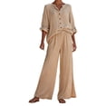 thumbnail image 1 of NMMUED Women's Linen 2 Piece Sets Linen Pants Set for Women Streetwear Wide Leg Pants Suits Long Sleeve Button Down Oversized Pant Sets Gauze Outfits for Women 2 Piece Sets Khaki M, 1 of 4
