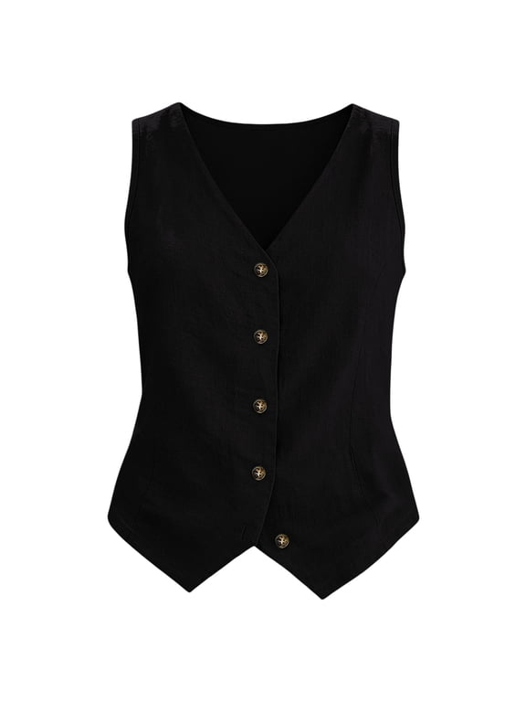 Women's Linen Vest Casual Sleeveless V-neck Button Down Blazer Lightweight Business Jacket Waistcoat Vest Black L