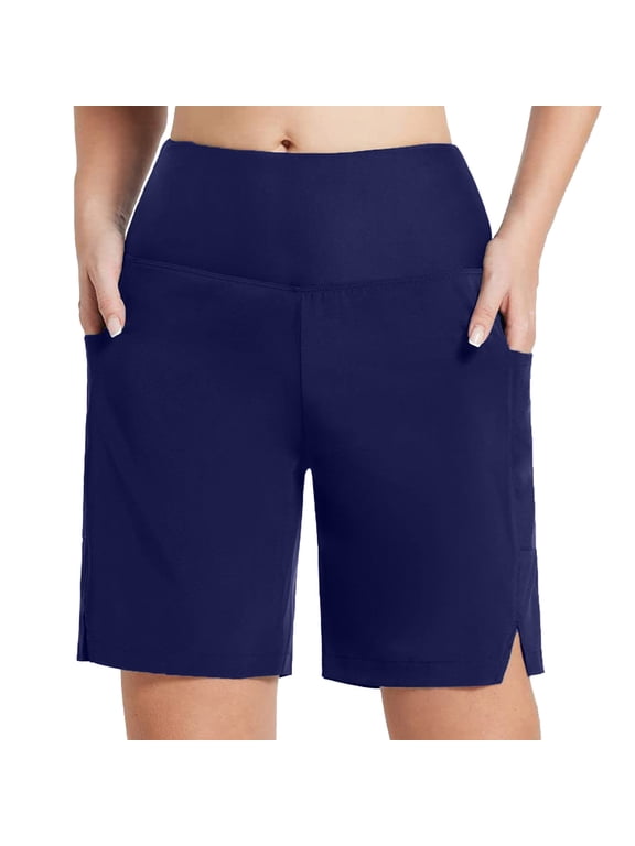 Women's Long Swim Board Shorts High Waisted Quick Dry Beach Swimming Shorts for Women with Pockets Navy L