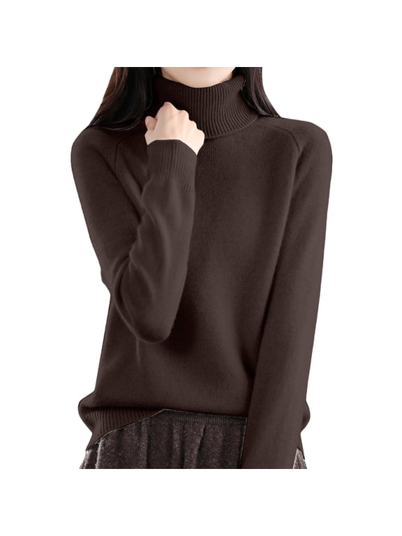 Women's Mock Turtleneck Knit Sweaters, Crew Neck Long Sleeve Tops Lightweight Thermal Pullover Basic Shirts Brown S