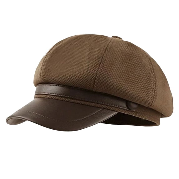 NMMUED Women's Newsboy Cap Faux Leather Brim Baker Boy Hat Patchwork Cabbie Cap Coffee One Size
