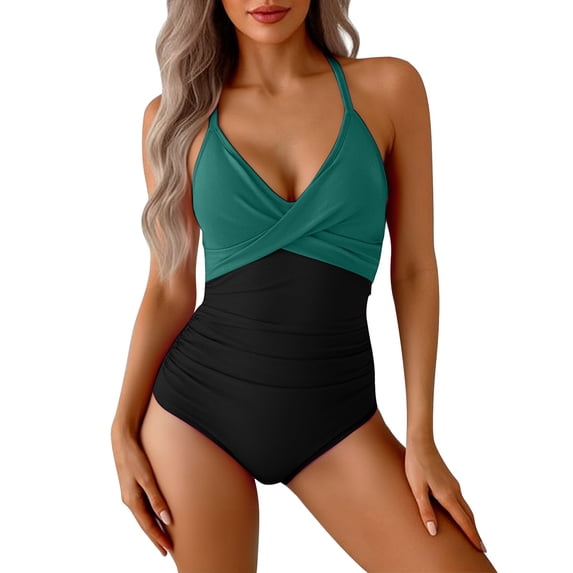 NMMUED Women's One Piece Swimsuits Tummy Control Ruched Push Up Bathing Suit Tie Back Slimming Swimwear Dark Green L