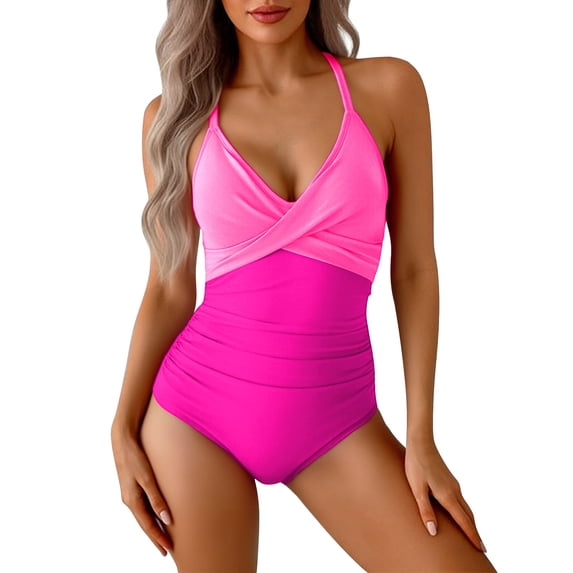 NMMUED Women's One Piece Swimsuits Tummy Control Ruched Push Up Bathing Suit Tie Back Slimming Swimwear Watermelon Red S