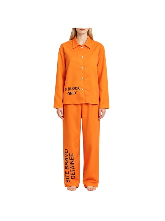 Women's Orange Prisoner Halloween Costume 2-piece Inmate Scrub Set Orange L