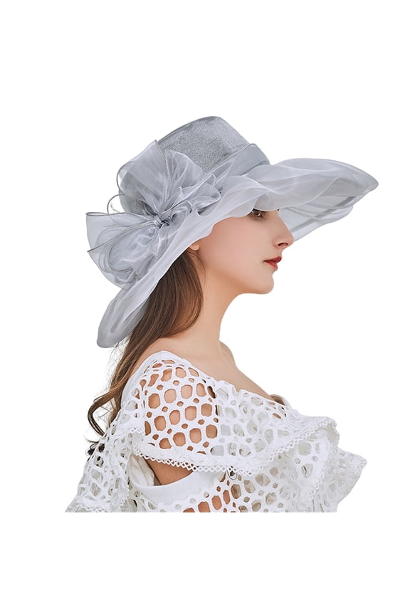 Women’s Organza Church Tea Party Wedding Fascinator Derby Hat Wide Brim Sun Hats Gray One Size