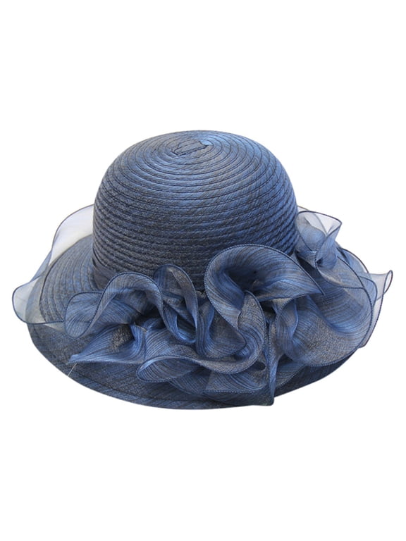 Women's Organza Cloche Bowler Hat Church Fascinator for Tea Party Bridal Wedding Dress Hat Navy One Size