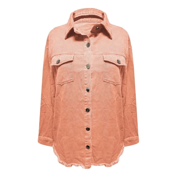 NMMUED Women’s Oversized Button Up Frayed Hem Shacket Long Sleeve Pockets Denim Jean Jacket Orange S