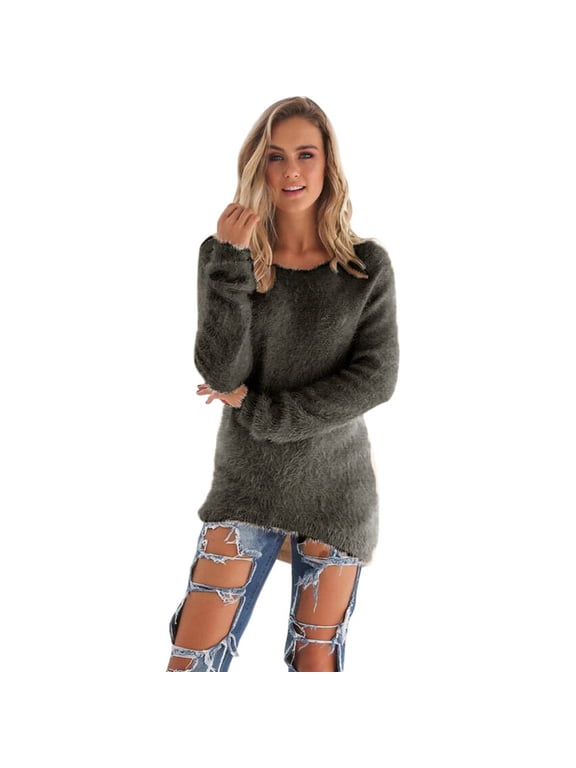 Women's Plush Fuzzy Sweater Long Sleeve Crewneck Soft Fluffy Pullover Cozy Warm Winter Top Loose Fit Comfy Fleece Casual Sweater Soft Winter Lounge Wear Army Green S