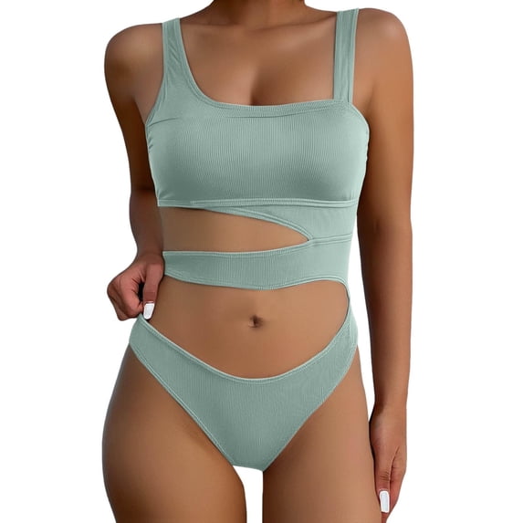 NMMUED Women's Ribbed One Piece Swimsuit Square Neck with Cutout Sides Tummy Control Bathing Suit High Cut Leg Monokini Swimwear for Summer Beach Holiday Wear Light Green L