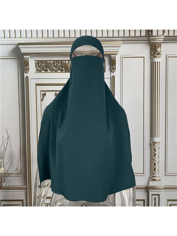 Women's Solid Color Niqab Face Veil Long Khimar Modest Muslim Hijab Islamic Prayer Dress Green One Size