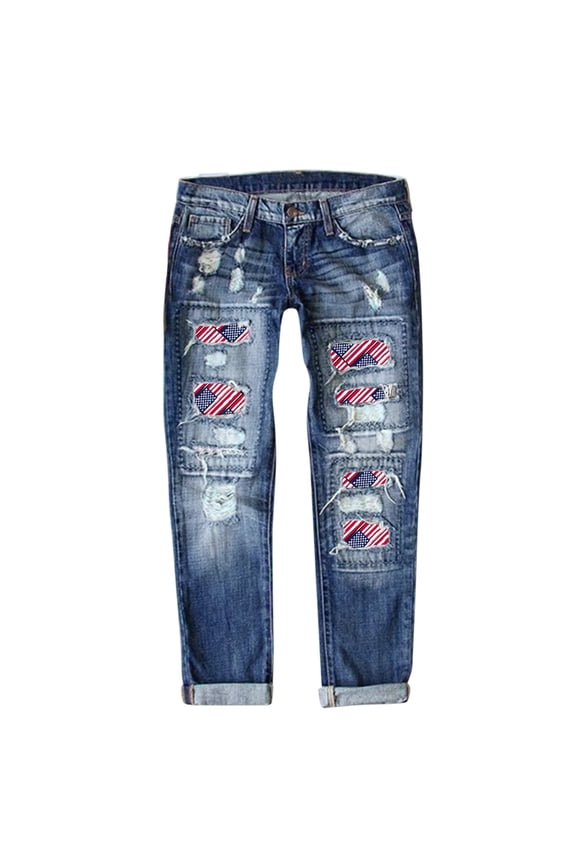 Women's Stretchy Boyfriend Jeans Ripped Distressed American Flag Denim Pants - Casual & Comfortable Independence Day Style Blue L