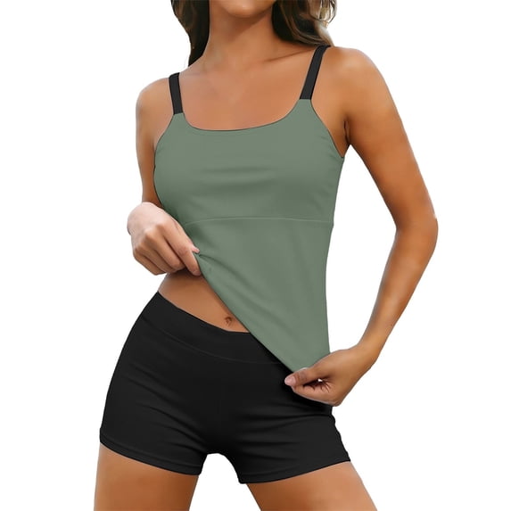 NMMUED Women's Tankini Swimsuits Tummy Control Ruched Top Two Piece Bathing Suits with High Waisted Shorts Light Green S
