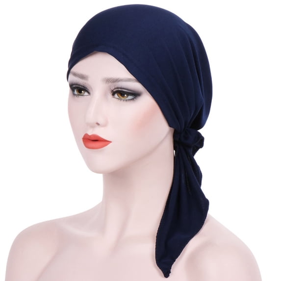 NMMUED Women's Turban Hat,hijab Cap Head Wrap Long Tail Knot Turban Hat Elastic Turban Head Wraps Navy One Size
