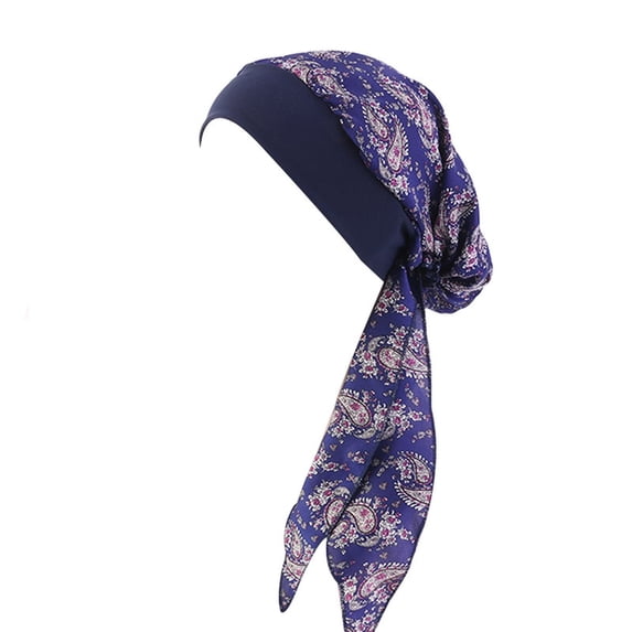 NMMUED Women's Turban Hat,hijab Cap Head Wrap Long Tail Knot Turban Hat Elastic Turban Head Wraps Navy One Size