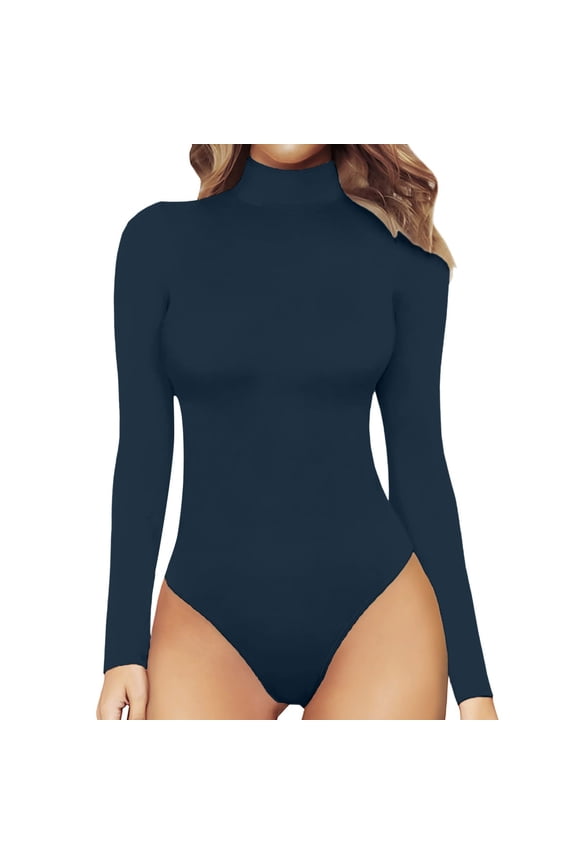 Women's Turtle Neck Knit Long Sleeve Slim Fit Bodysuit Top Navy M