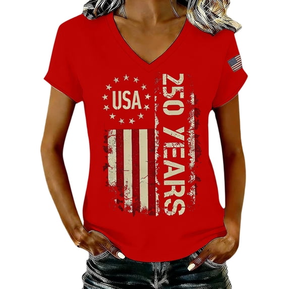 NMMUED Women's V Neck Patriotic Tops 4th of July Shirts 250th Anniversary Distressed Flag Graphic Tees Independence Day Summer Casual Short Sleeve Memorial Day Tees Red L