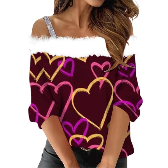 NMMUED Women's Valentine Shirts Heart Graphic Heart Shirts Spring Outfits for Women Off the Shoulder Long Sleeve Top Womens Tops Casual Red Holiday Tops for Women (S-3XL)