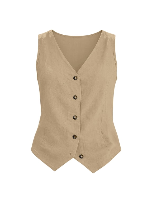 Women's Vest Cotton Linen V Neck Button Down Waistcoat Sleeveless Suit Vest Casual Dressy Business Jackets Lightweight Summer Tops for Ladies Work Office Beige L