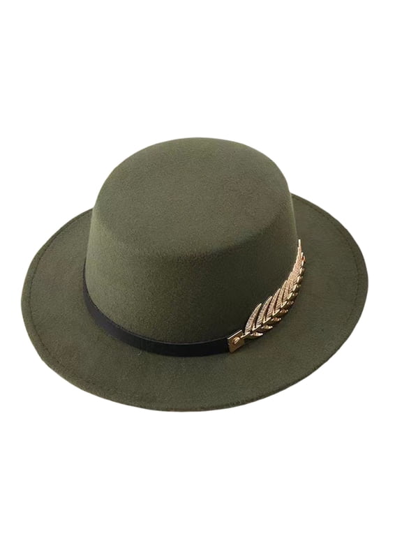 Women's Vintage Flat Top Fedora Hat Wide Brim Felt Boater Cap with Metallic Leaf Accent Dark Green One Size