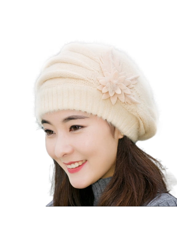 Women's Winter Knit Hat Warm Fluffy Slouchy Beanie Elegant Floral Cap Fleece Lined Headwear Beige One Size