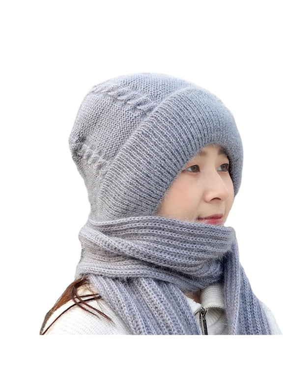 Women's Winter Knit Hat with Attached Scarf Warm Cable Knit Beanie Long Neck Wrap Combo Gray One Size