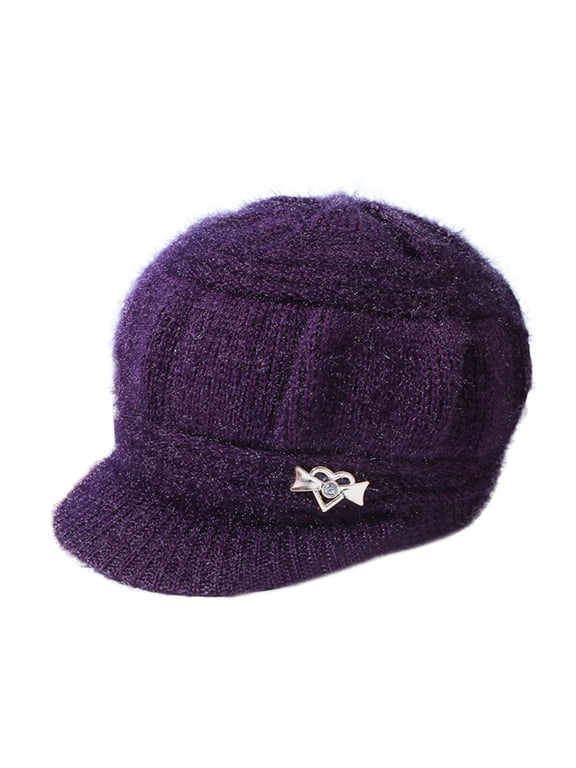 Women's Winter Warm Fuzzy Hat with Brim Elegant Ribbed Knit Visor Cap Slouchy Beanie Purple One Size