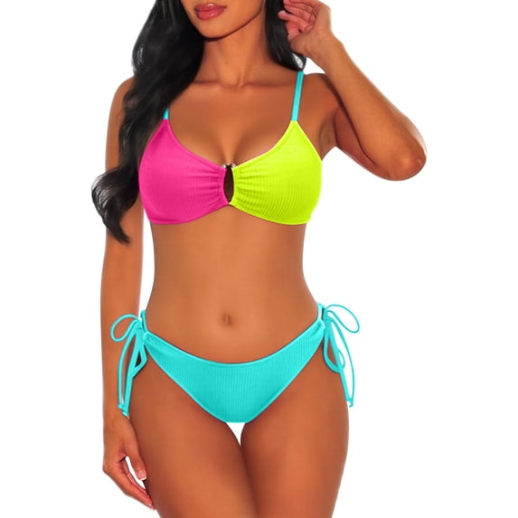 NMMUED Womens 2 Piece Bikini Sets Cheeky High Cut Bathing Suit Color Block Textured U-wire Swimsuits 2026 Yellow XXL