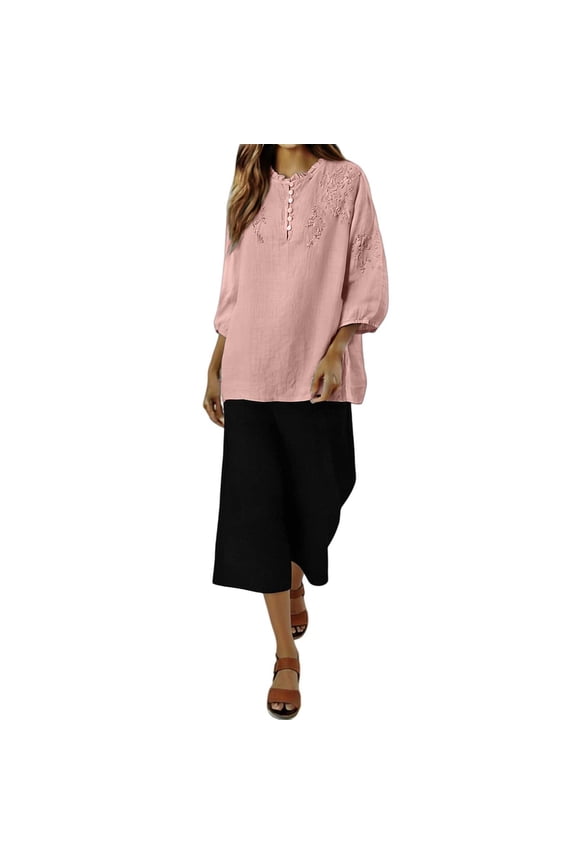 Womens 2 Piece Outfits 3/4 Sleeve Cotton Linen Embroidered Shirts Wide Leg Capri Pants with Pockets Matching Sets Matching Set Light Pink M