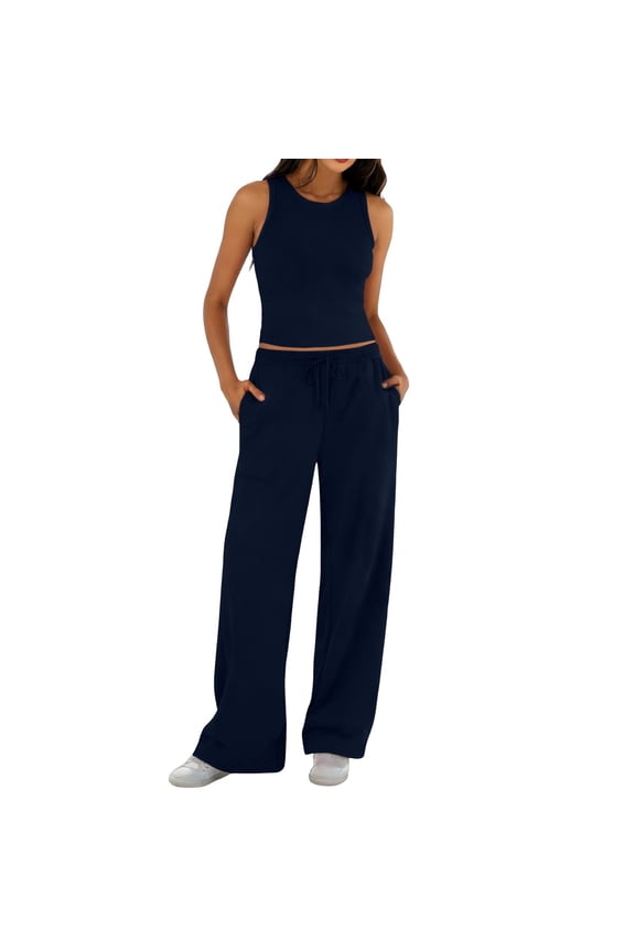 Womens 2 Piece Sweatsuits Lounge Sets Track Suits Crop Tank Tops Wide Leg Pants Spring Matching Outfits 2026 Athleisure Sets Women Dark Blue M