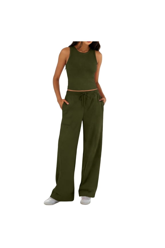 Womens 2 Piece Sweatsuits Lounge Sets Track Suits Crop Tank Tops Wide Leg Pants Spring Matching Outfits 2026 Athleisure Sets Women Green XXL