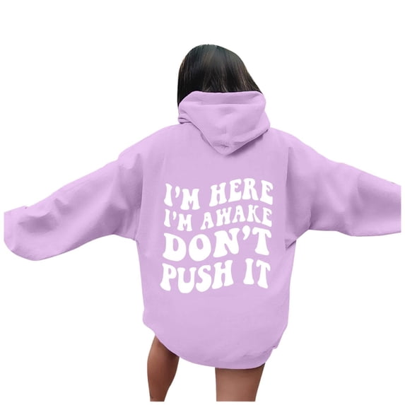 NMMUED Womens Back Print Hoodie Funny Quote Graphic Sweatshirt Casual Long Sleeve Oversized Pullover Sarcastic Sayings Tops Purple M
