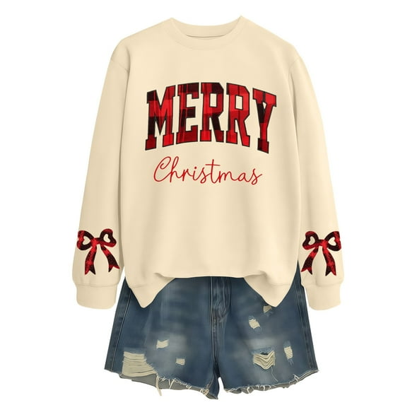 NMMUED Womens Christmas Sweatshirt Women's Sweatshirt Christmas Pullover Sweatshirts for Women Vintage Christmas Sweatshirt Cute Sweatshirts Holiday Tops for Women Beige L
