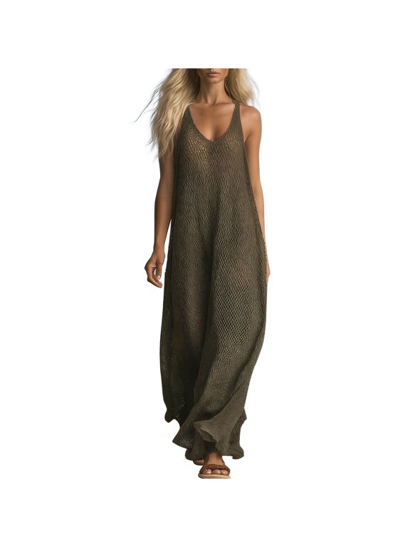 Womens Crochet Beach Cover Up Dress Sleeveless V Neck Long Dresses Summer Vacation Outfits Dark Green XXL