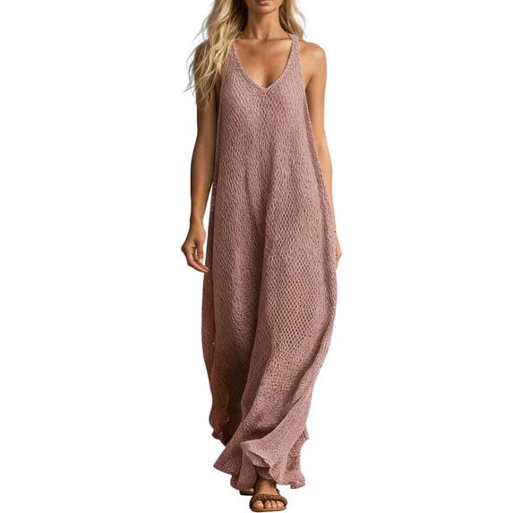 NMMUED Womens Crochet Sleeveless Dress Casual Summer V Neck Boho Knit Cover Up Beach Vacation Long Tank Dresses Pink XL