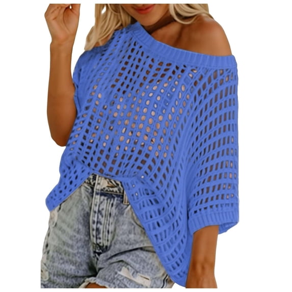 NMMUED Womens Crochet Swimsuit Beach Cover Up 2026 Oversized Short Sleeve Mesh Knit Bathing Suit Swim Coverups Blue S