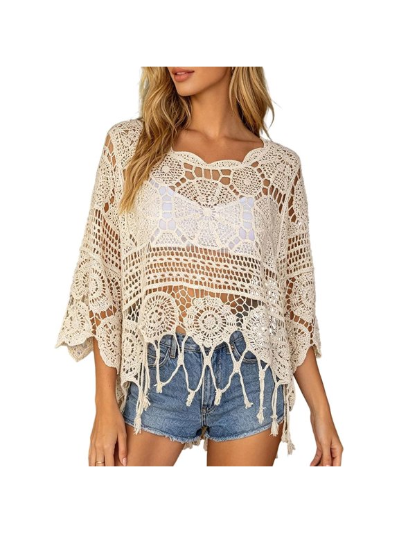 Womens Crochet Tops Swimsuit Cover Ups Boho Hollow Out Beach Coverup Tassel Fringe Hem Sheer Knit Blouses Loose Fit Summer Bathing Suit Swim Wear Shirts Beige XXL