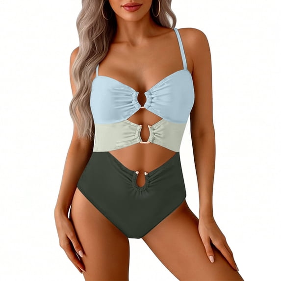 NMMUED Womens Cutout One Piece Swimsuit with Ring Linked Monokini Bathing Suit for Beach Vacation Light Blue XXL
