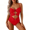 thumbnail image 1 of NMMUED Womens Cutout One Piece Swimsuit with Ring Linked Monokini Bathing Suit for Beach Vacation Red XL, 1 of 5