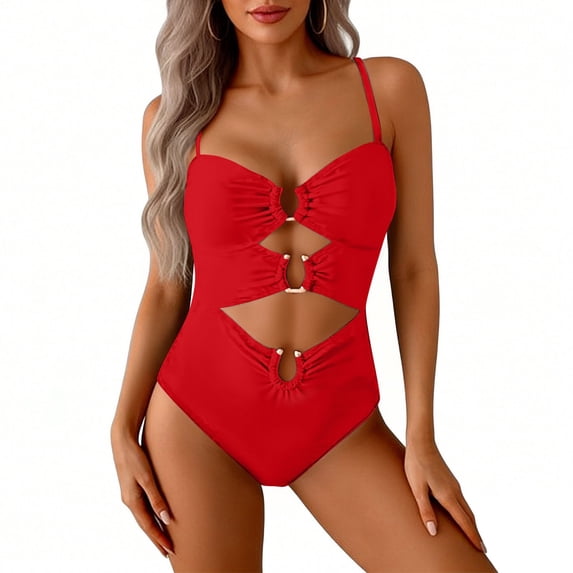 NMMUED Womens Cutout One Piece Swimsuit with Ring Linked Monokini Bathing Suit for Beach Vacation Red XL
