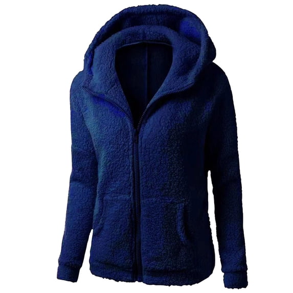 NMMUED Womens Fuzzy Zip Up Sweatshirt Warm Sherpa Fleece Jacket Casual Long Sleeve Fluffy Hoodie Fall Winter Outerwear with Pockets Navy S