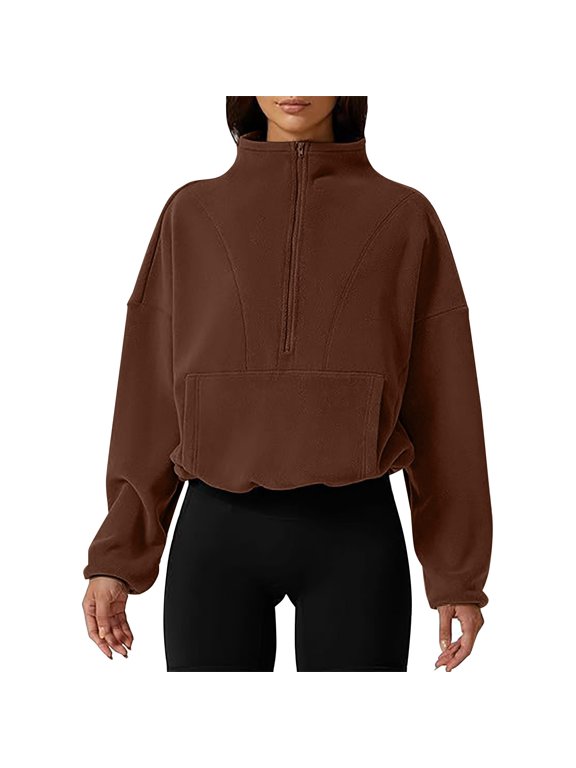 Womens Half Zip Pullover Cropped Sweatshirt Mockneck Sweatshirt Women Pullover Sweatshirts for Women Womens Sweatshirts No Hood Baggy Sweatshirt Womens Long Sleeve Tops Coffee S