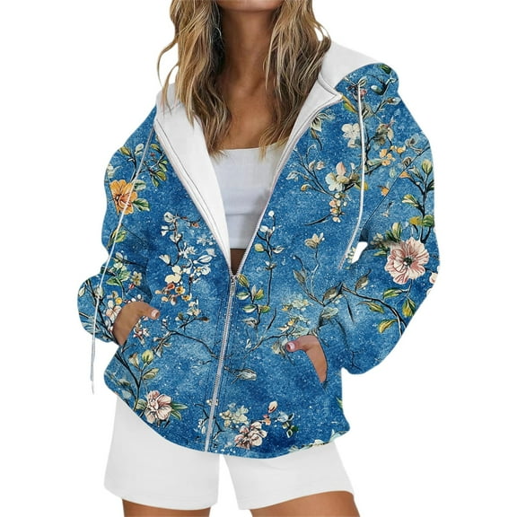 NMMUED Womens Hoodies Zip Up, Fall Jackets for Women, Full Zip Hoodies for Women, Zip Up Sweatshirt Women, Oversized Graphic Hoodies, Blue 3 XXL