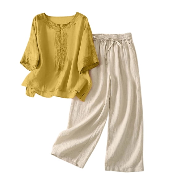 NMMUED Womens Linen Set 3/4 Sleeve Embroidered Tops and Pants Linen Pants Set for Women Boho Peasant Blouses for Seniors Cotton Linen Womens Lounge Sets 2 Piece Outfits Yellow M