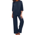 thumbnail image 1 of NMMUED Womens Linen Set Cotton Linen Vacation Outfits Linen Matching Linen Lounge 3/4 Sleeve Top Wide Leg Pants Spring Airport Clothes Women Matching Sets Outfits Dark Blue 3XL, 1 of 6