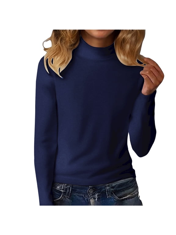 Womens Long Sleeve Shirts Mock Neck Basic Slim Fitted Tops Lightweight Stretch Base Layer T-shirt Navy XL